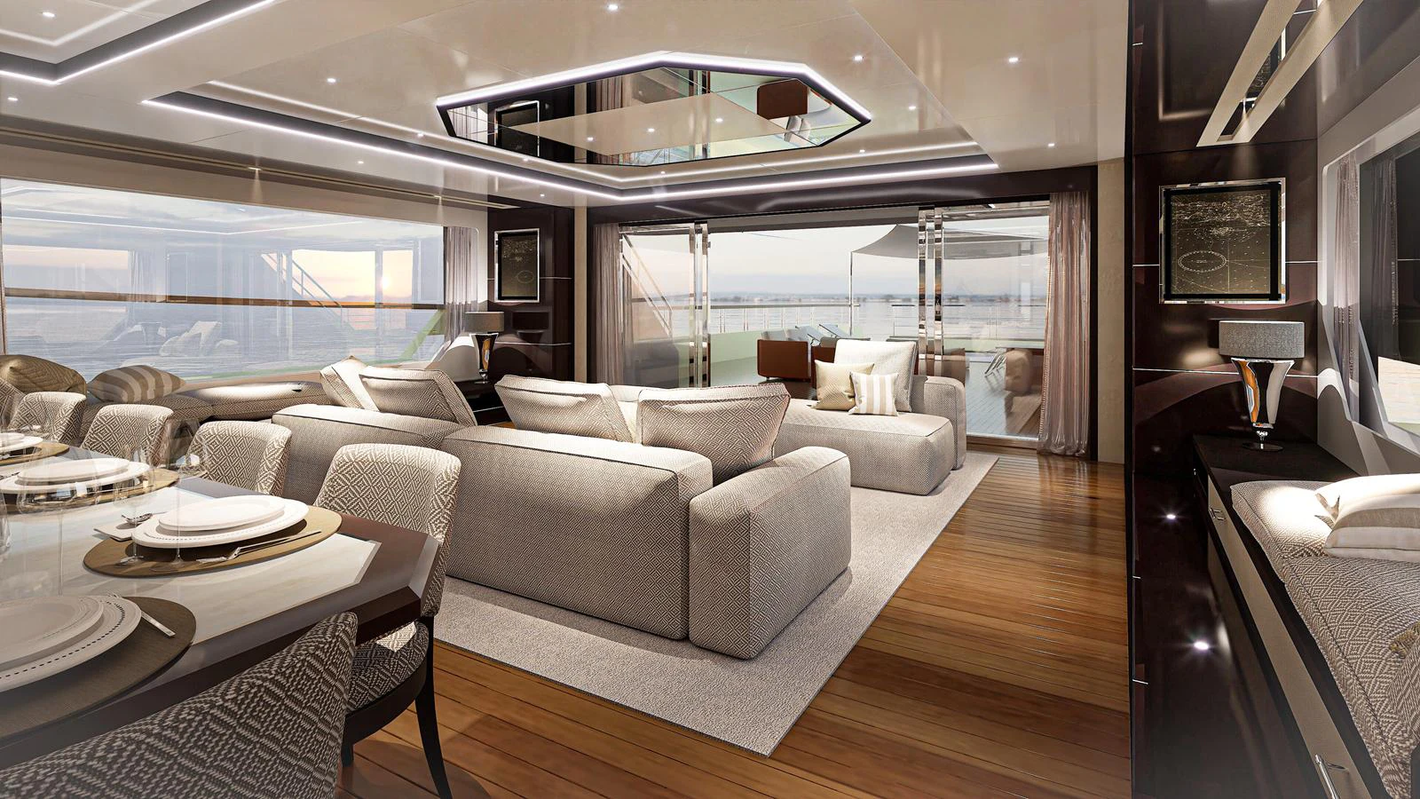 The salon offers a spacious and elegant area with plush seating and panoramic views. aboard FREEDOM Yacht for Sale