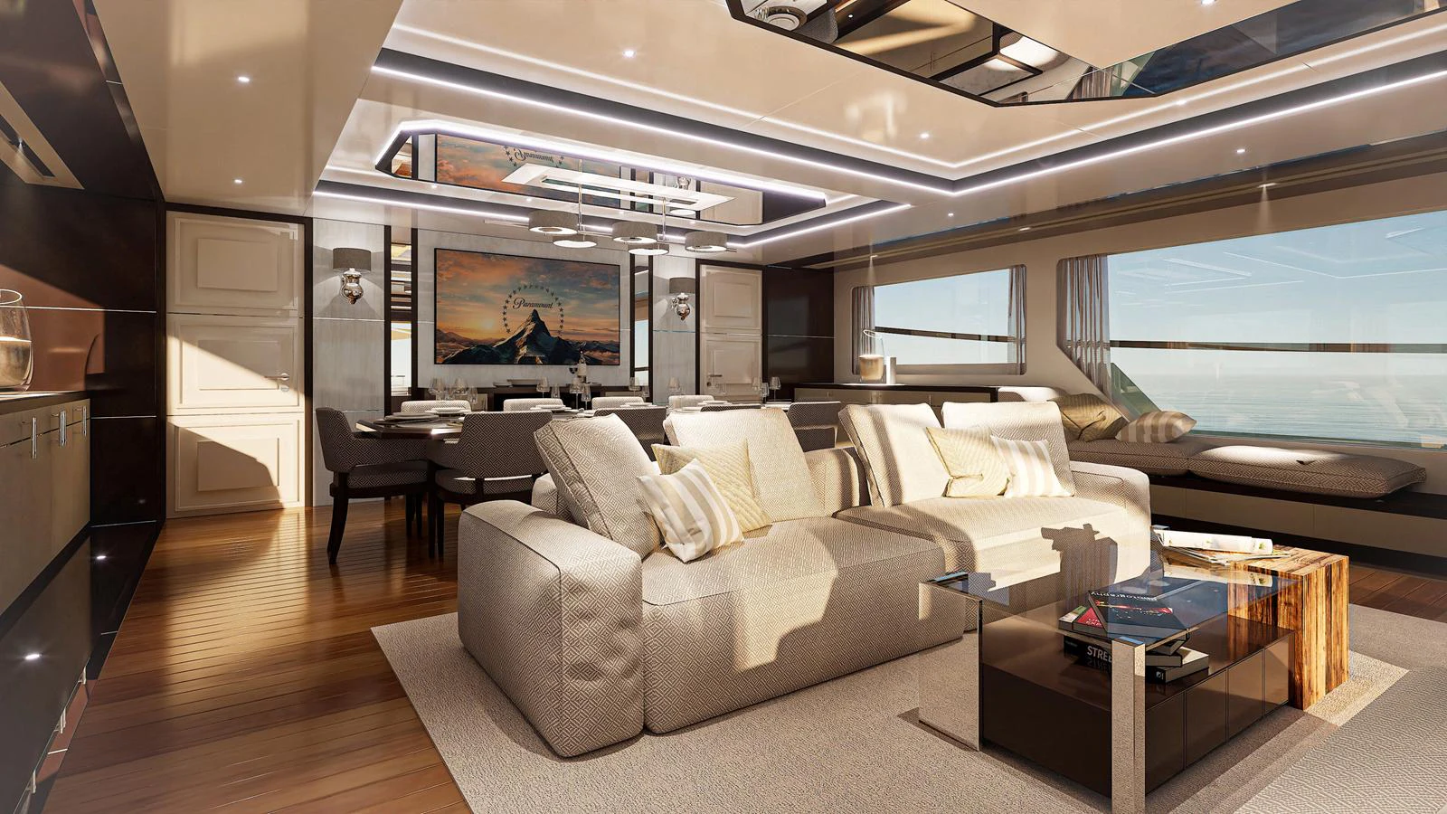 The salon features luxurious seating, elegant decor, and ample natural light. aboard FREEDOM Yacht for Sale