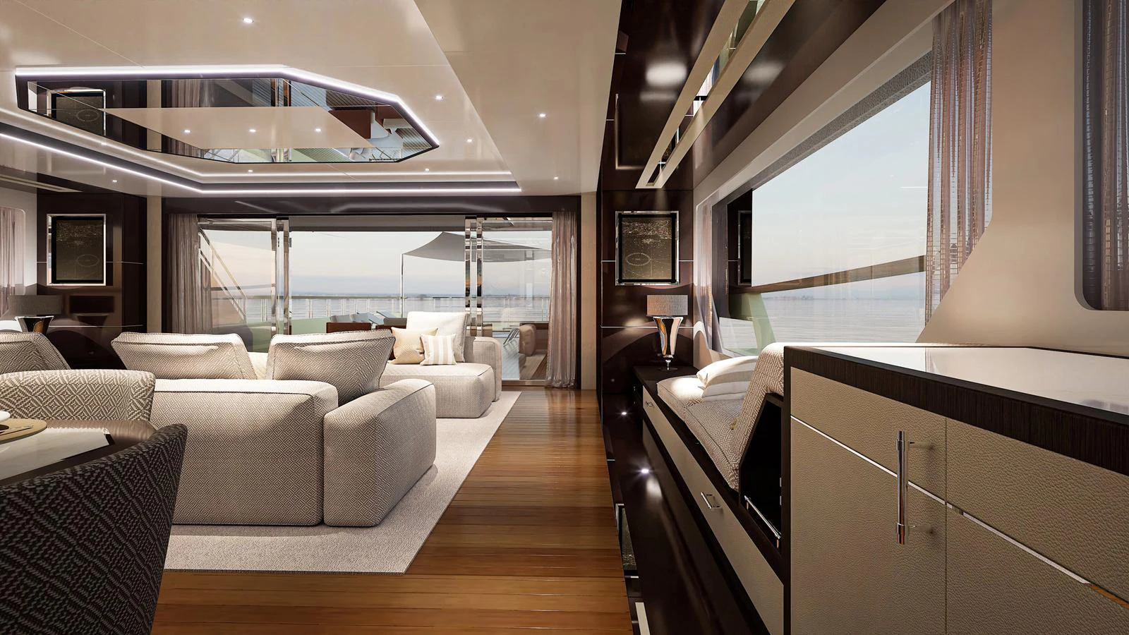 The salon features luxurious seating with expansive windows offering stunning ocean views. aboard FREEDOM Yacht for Sale