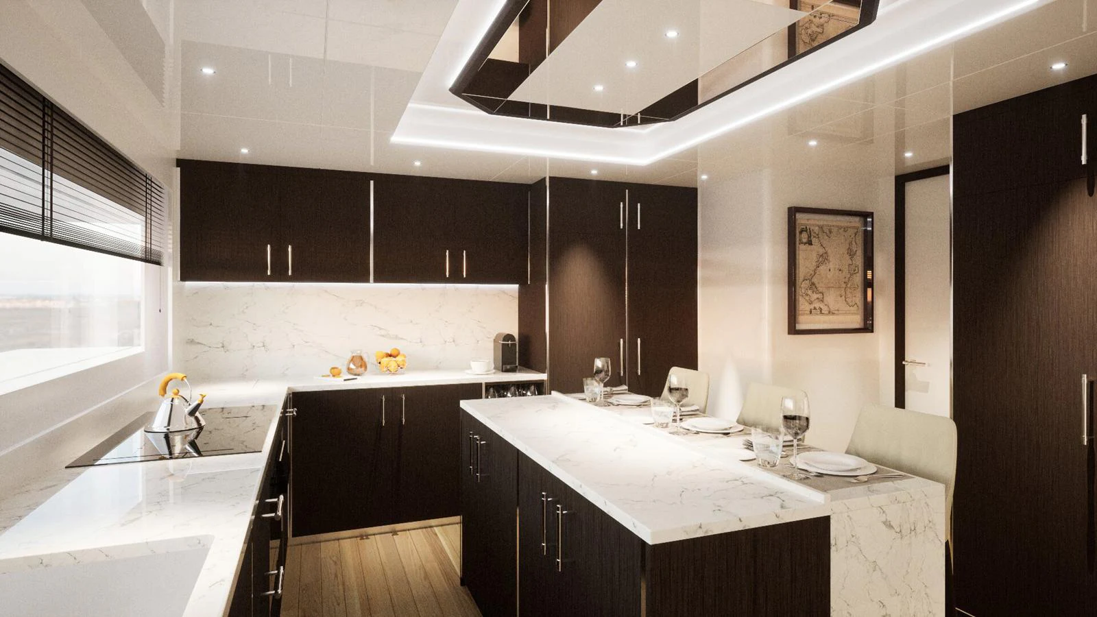 The yacht's galley features sleek dark cabinetry, marble countertops, and modern lighting, creating a sophisticated dining and cooking area. aboard FREEDOM Yacht for Sale