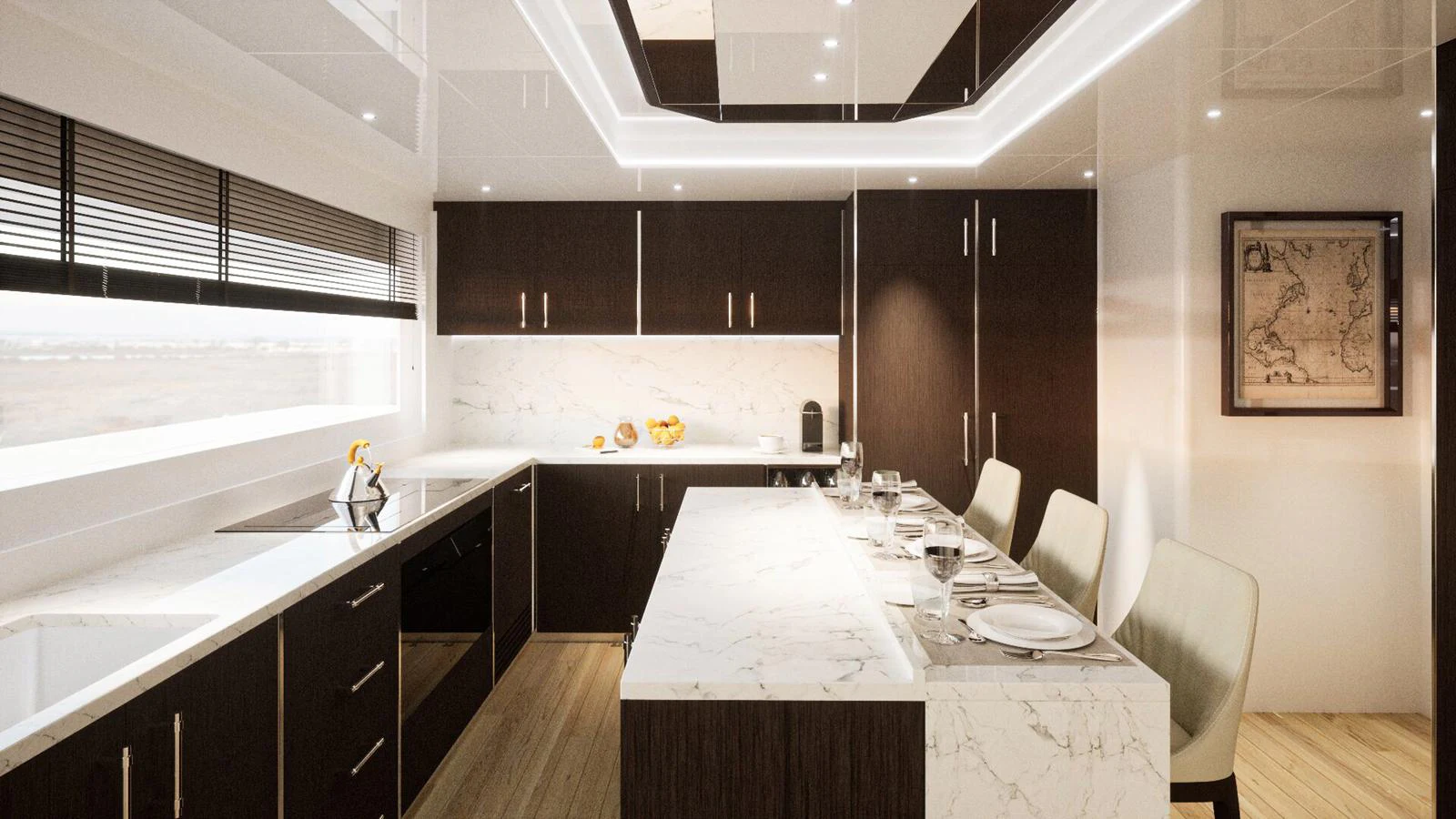 The galley features modern dark wood cabinetry, marble countertops, and ample seating for dining. aboard FREEDOM Yacht for Sale
