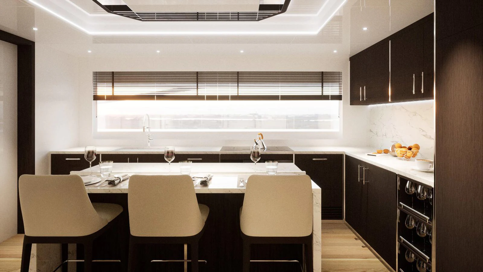 The yacht's galley features a sleek, modern design with high-end finishes and ample seating. aboard FREEDOM Yacht for Sale