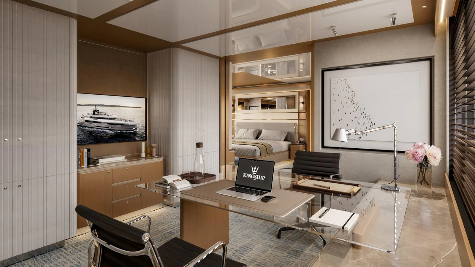 The yacht's office is elegantly designed with modern furnishings and a serene ambiance. aboard KINGSHIP 45M GRAND EXPLORER Yacht for Sale