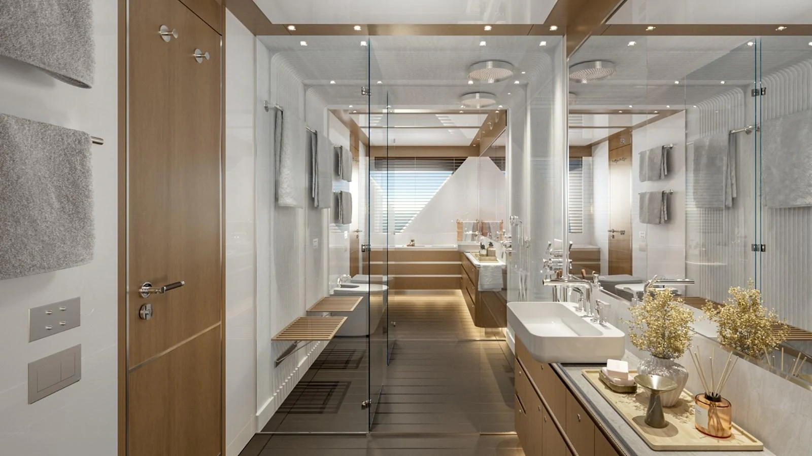 The yacht's bathroom exudes modern elegance with its sleek design and luxurious fixtures. aboard KINGSHIP 45M GRAND EXPLORER Yacht for Sale