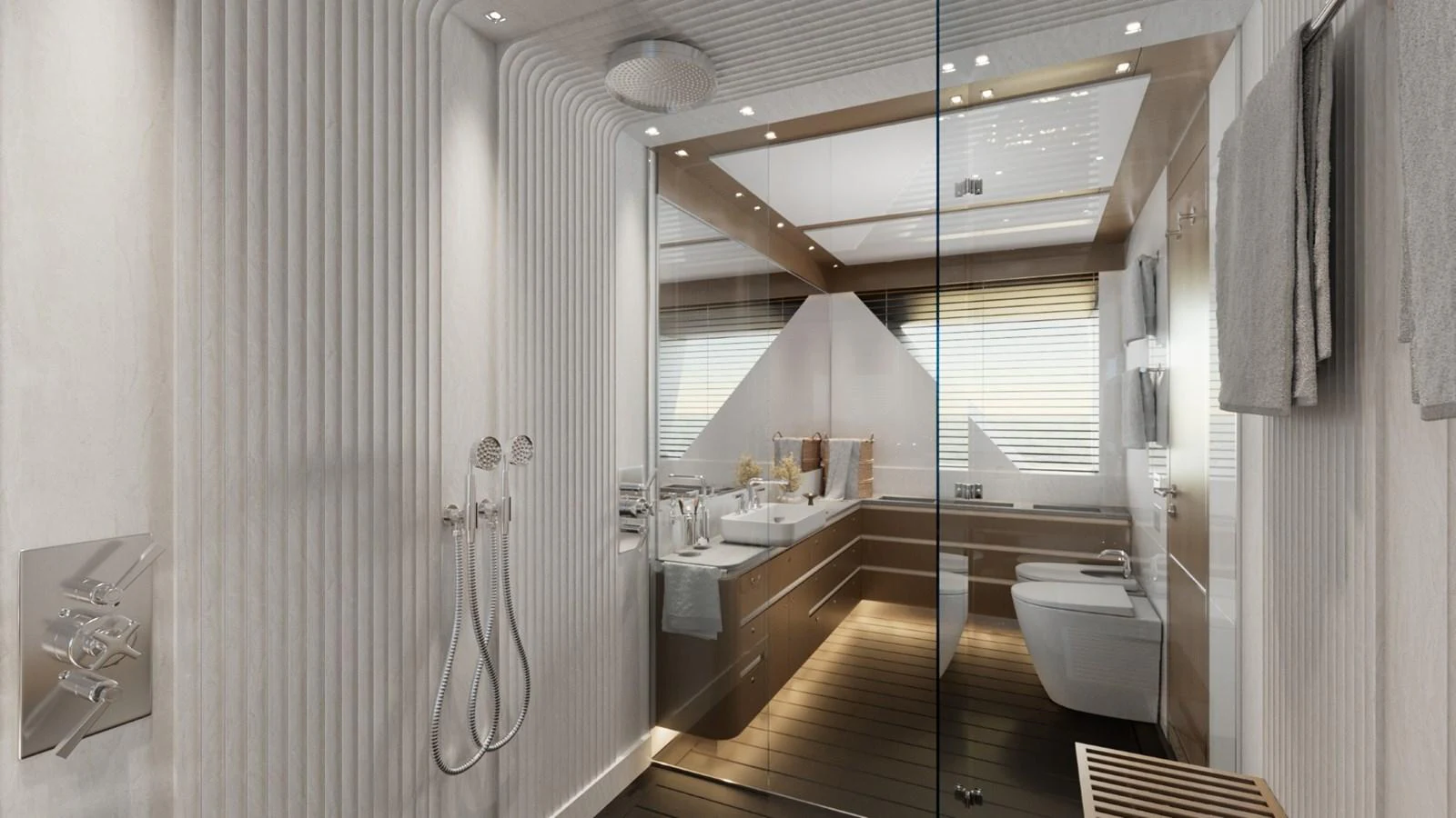 A luxurious yacht bathroom with modern fixtures and elegant design. aboard KINGSHIP 45M GRAND EXPLORER Yacht for Sale