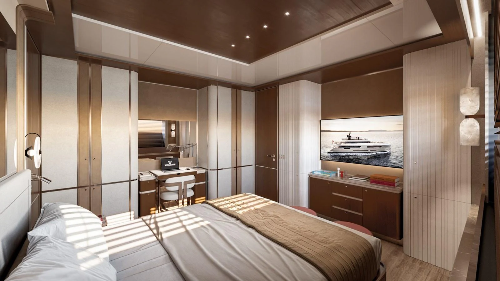 The master stateroom offers a spacious and luxurious retreat with elegant furnishings and a serene ambiance. aboard KINGSHIP 45M GRAND EXPLORER Yacht for Sale