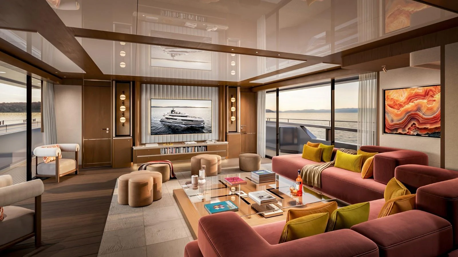 The salon features luxurious seating with panoramic views and elegant decor. aboard KINGSHIP 45M GRAND EXPLORER Yacht for Sale