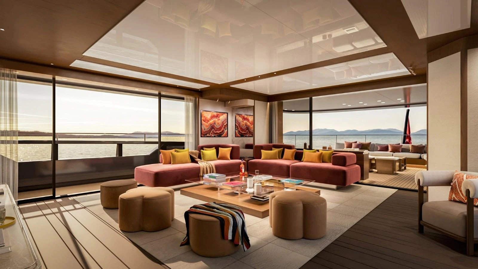The spacious salon features plush seating with panoramic views of the sea. aboard KINGSHIP 45M GRAND EXPLORER Yacht for Sale