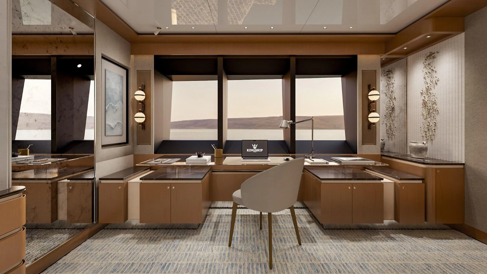 The yacht's office features a sophisticated design with ample natural light and elegant furnishings. aboard KINGSHIP 45M GRAND EXPLORER Yacht for Sale