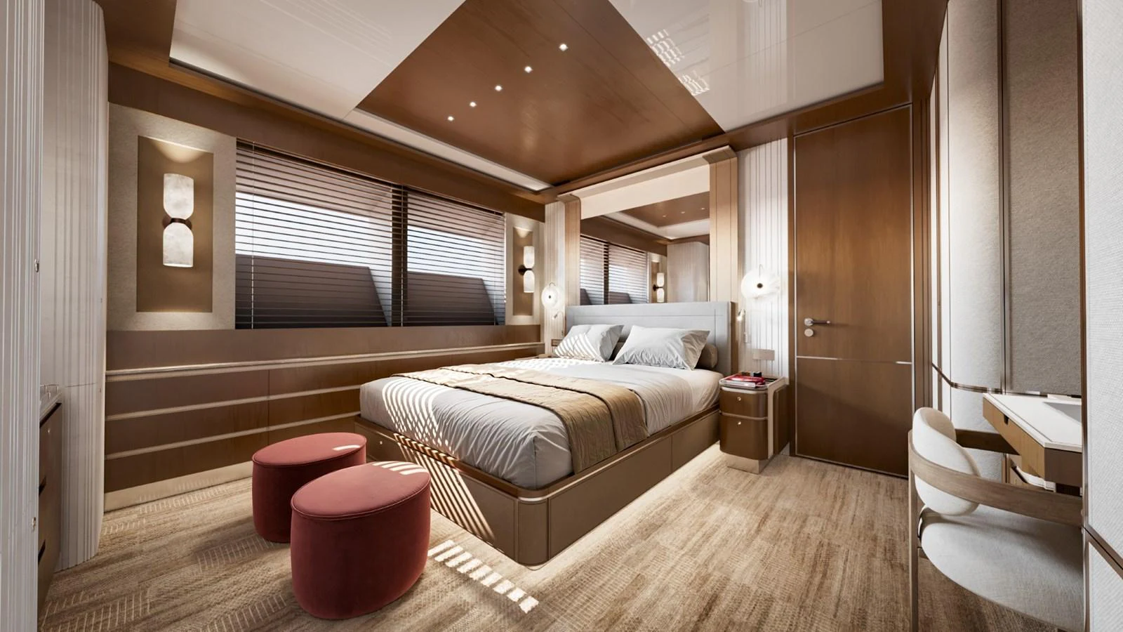 The master stateroom features a luxurious bed with elegant furnishings and ample natural light. aboard KINGSHIP 45M GRAND EXPLORER Yacht for Sale