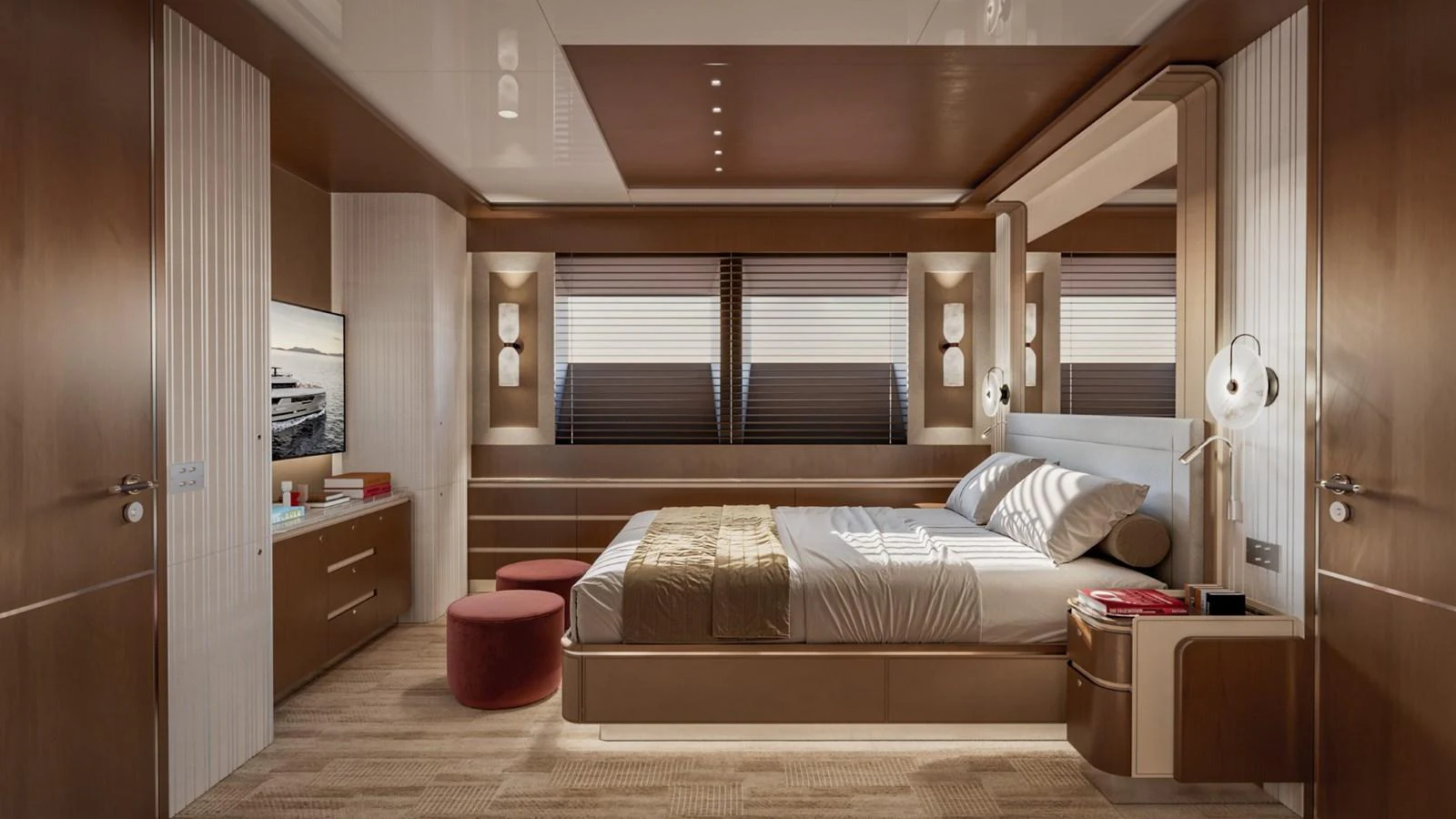 The master stateroom exudes luxury with its spacious layout and elegant design. aboard KINGSHIP 45M GRAND EXPLORER Yacht for Sale