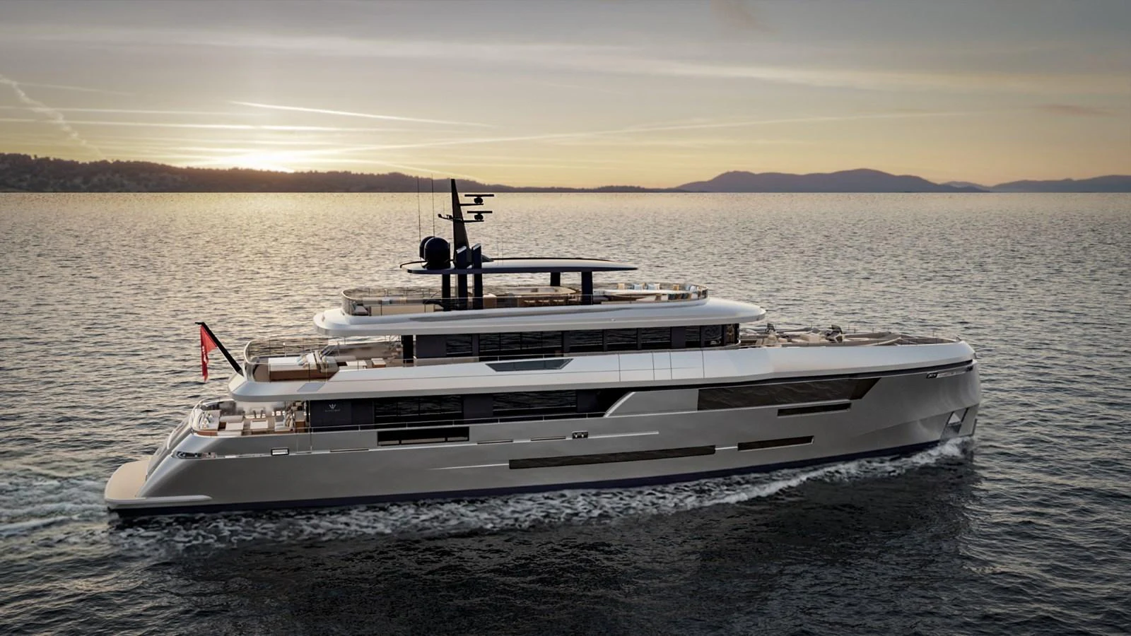 A sleek and modern yacht glides gracefully on calm waters at sunset. aboard KINGSHIP 45M GRAND EXPLORER Yacht for Sale
