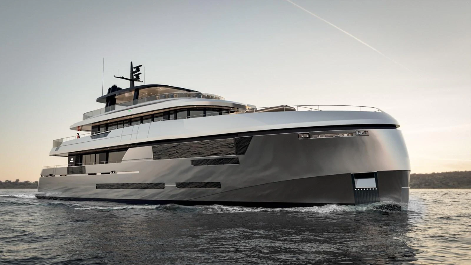 A sleek and modern yacht glides through calm waters at sunset. aboard KINGSHIP 45M GRAND EXPLORER Yacht for Sale