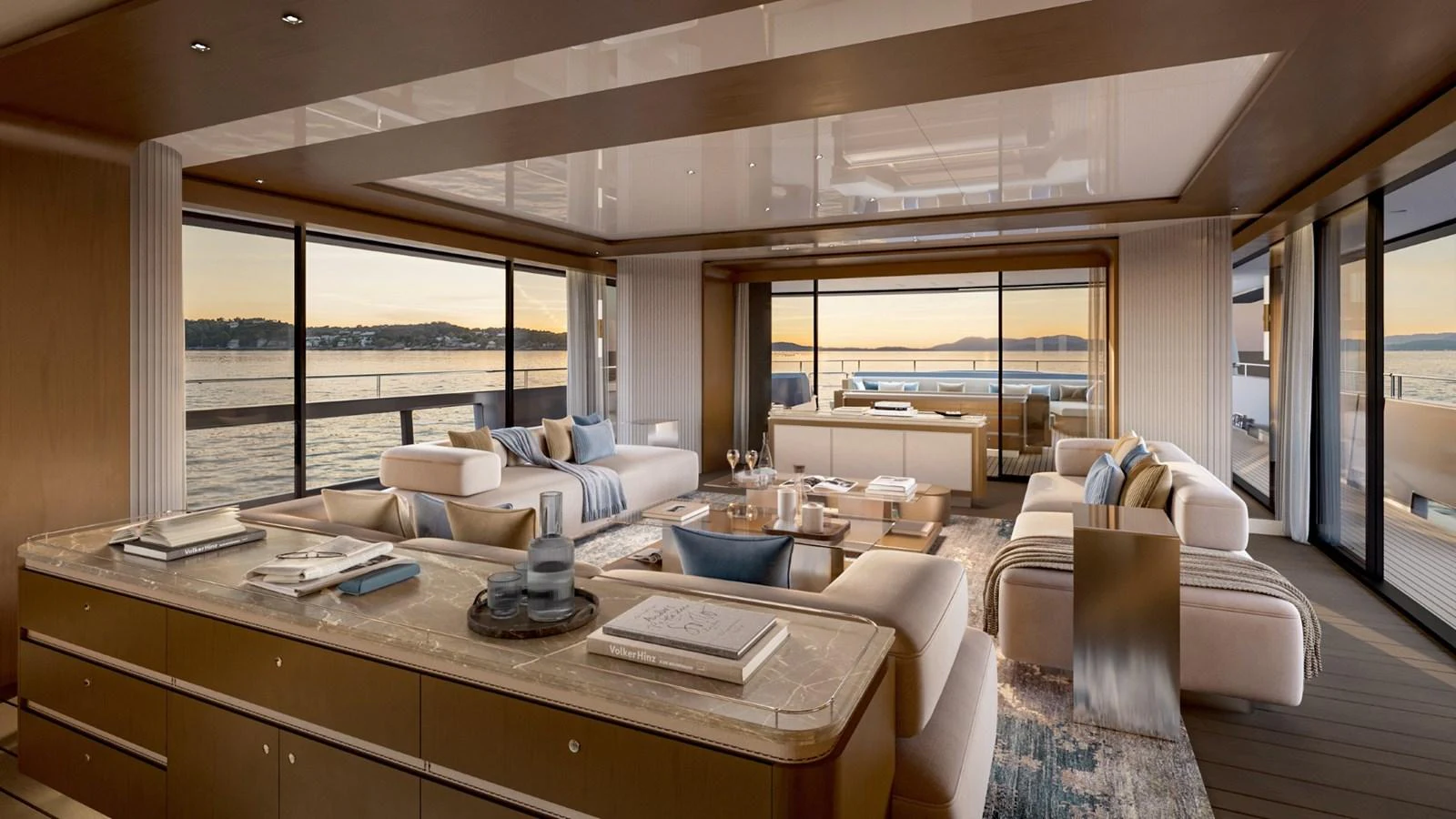 The salon offers a spacious and luxurious setting with panoramic views and elegant furnishings. aboard KINGSHIP 45M GRAND EXPLORER Yacht for Sale
