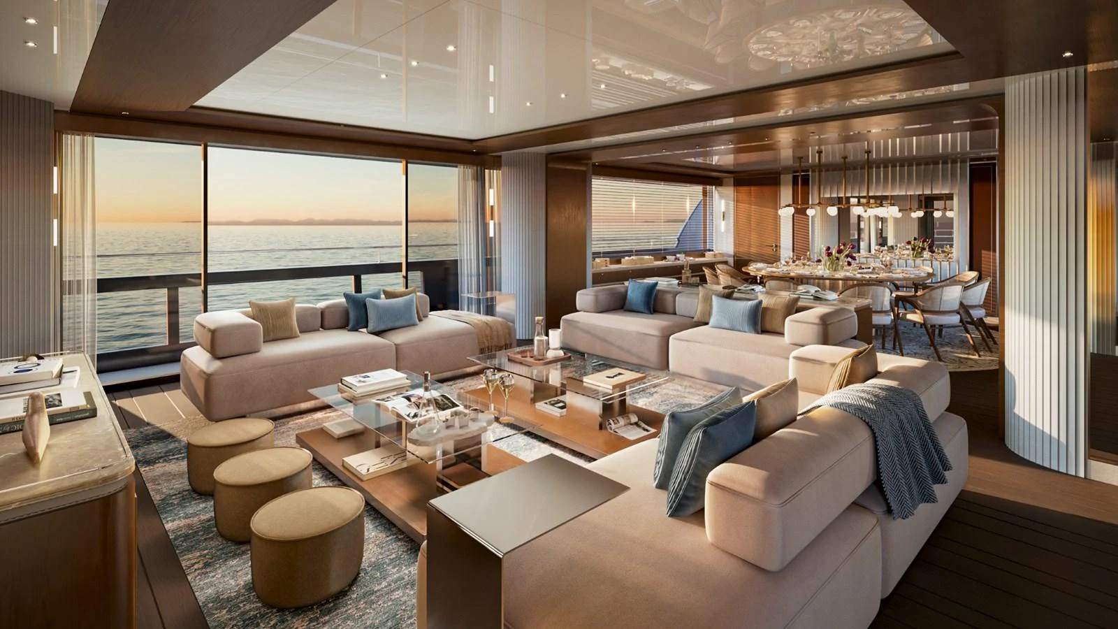 The spacious salon offers luxurious seating with panoramic ocean views. aboard KINGSHIP 45M GRAND EXPLORER Yacht for Sale