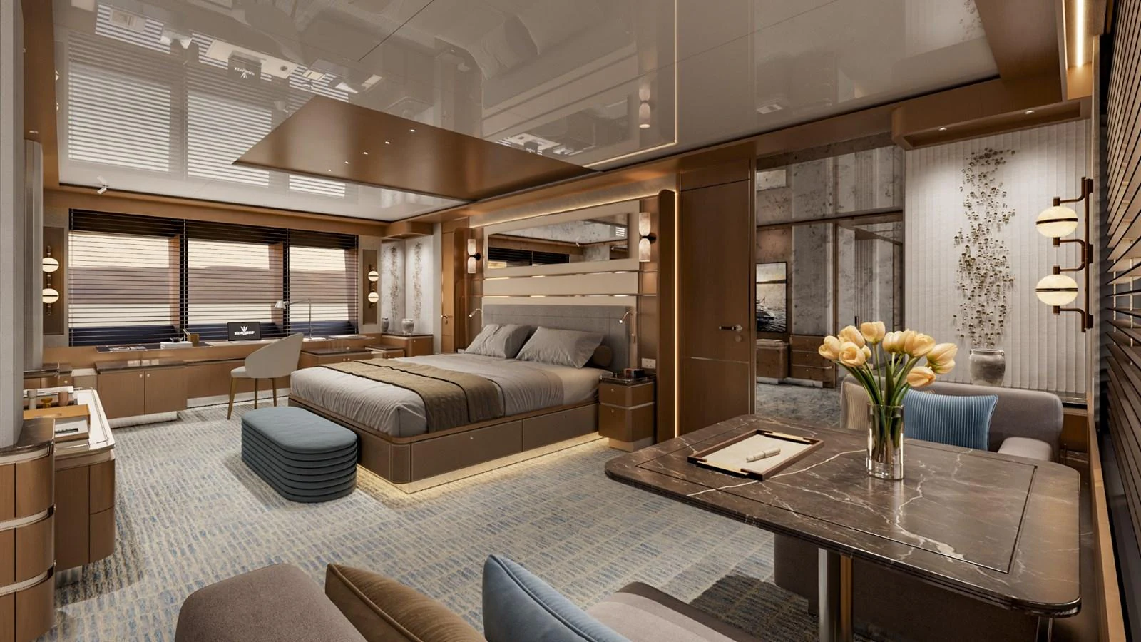 The master stateroom exudes luxury with its spacious layout, elegant furnishings, and serene ambiance. aboard KINGSHIP 45M GRAND EXPLORER Yacht for Sale
