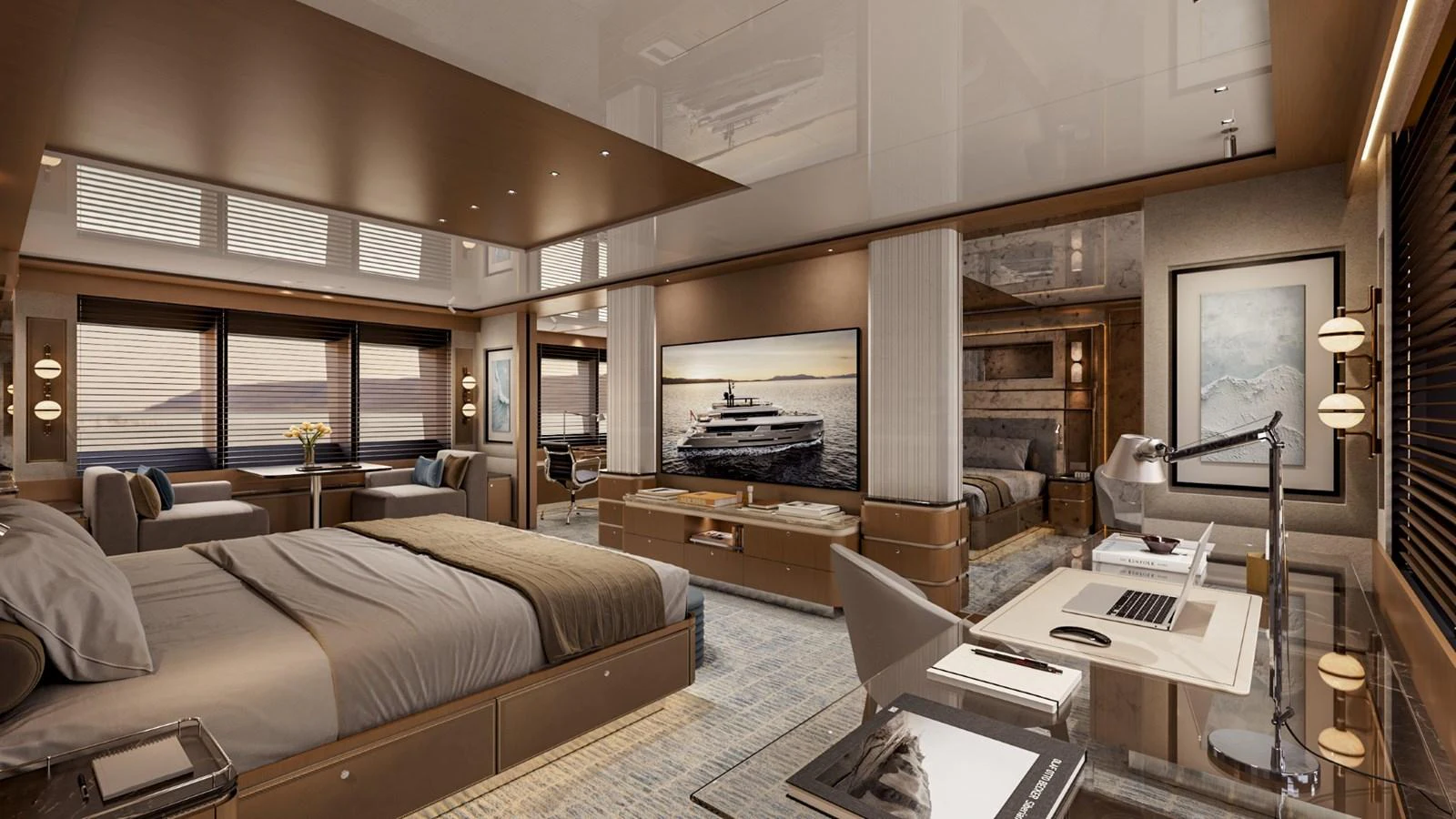 The master stateroom offers a luxurious and spacious retreat with elegant furnishings and a serene ambiance. aboard KINGSHIP 45M GRAND EXPLORER Yacht for Sale