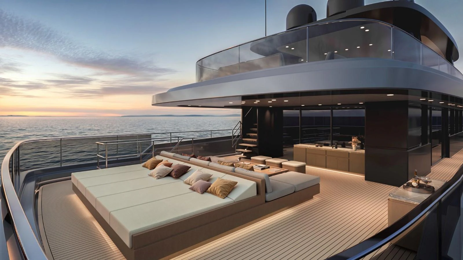 The yacht's sundeck features luxurious lounging areas with plush cushions, perfect for relaxation and enjoying the sunset. aboard KINGSHIP 45M GRAND EXPLORER Yacht for Sale