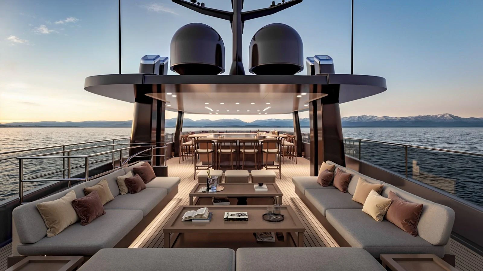 The aft deck offers a luxurious outdoor seating area with panoramic ocean views. aboard KINGSHIP 45M GRAND EXPLORER Yacht for Sale