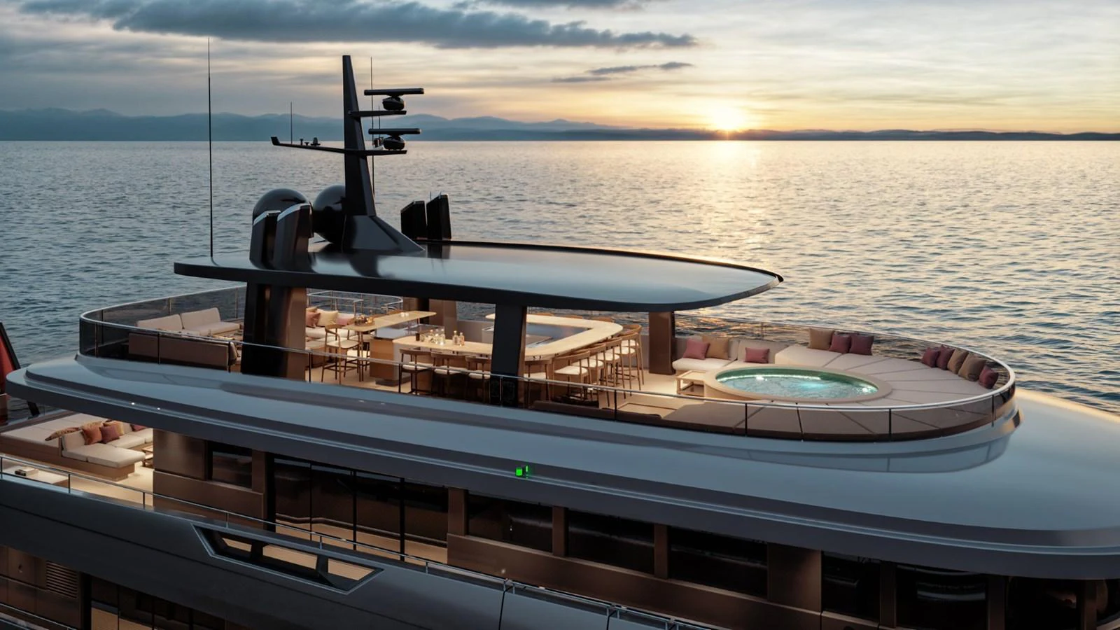 The yacht's sundeck features a luxurious jacuzzi and ample seating, perfect for enjoying the sunset over the water. aboard KINGSHIP 45M GRAND EXPLORER Yacht for Sale
