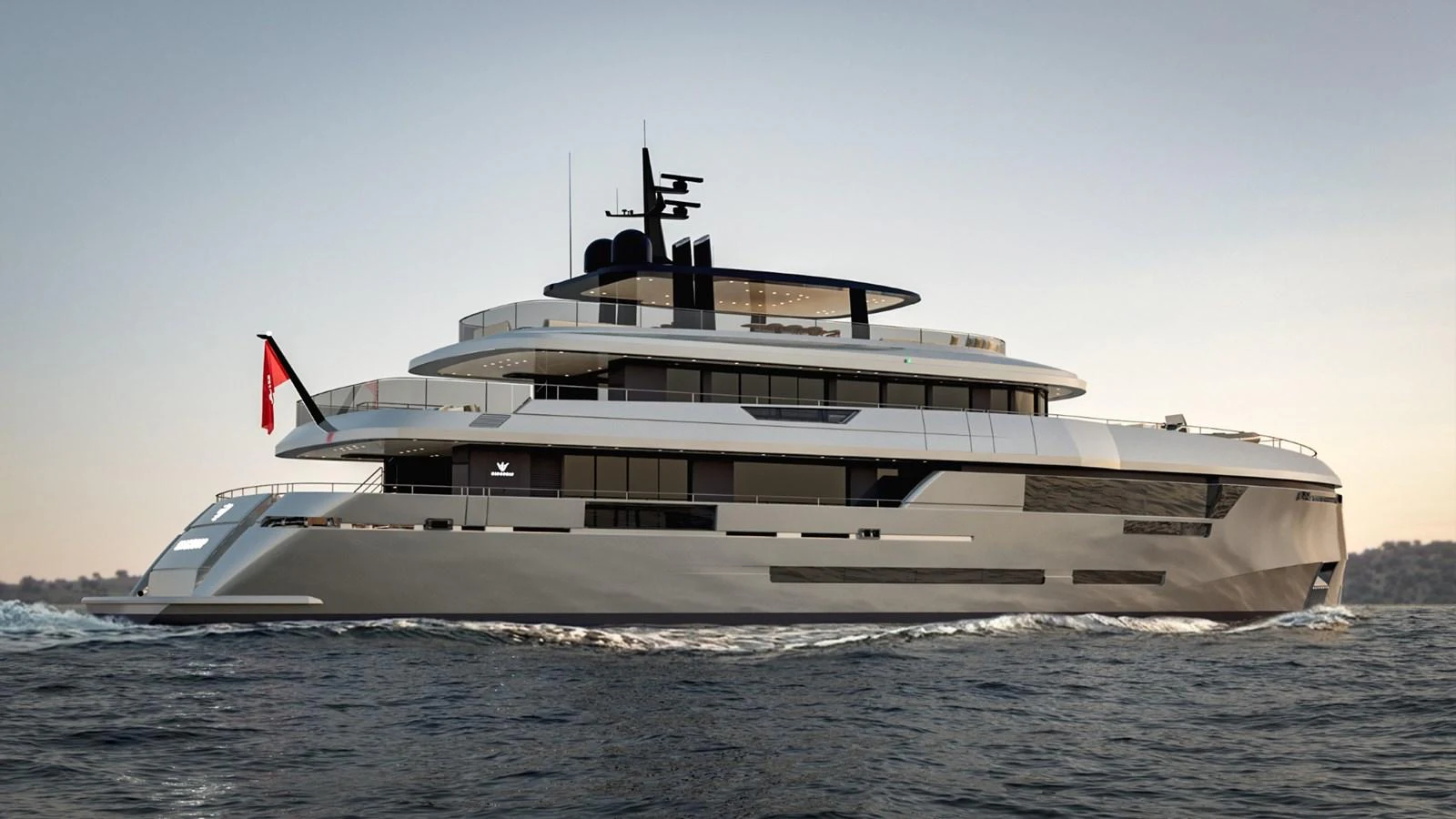 A sleek and modern yacht cruising on the open water at sunset. aboard KINGSHIP 45M GRAND EXPLORER Yacht for Sale