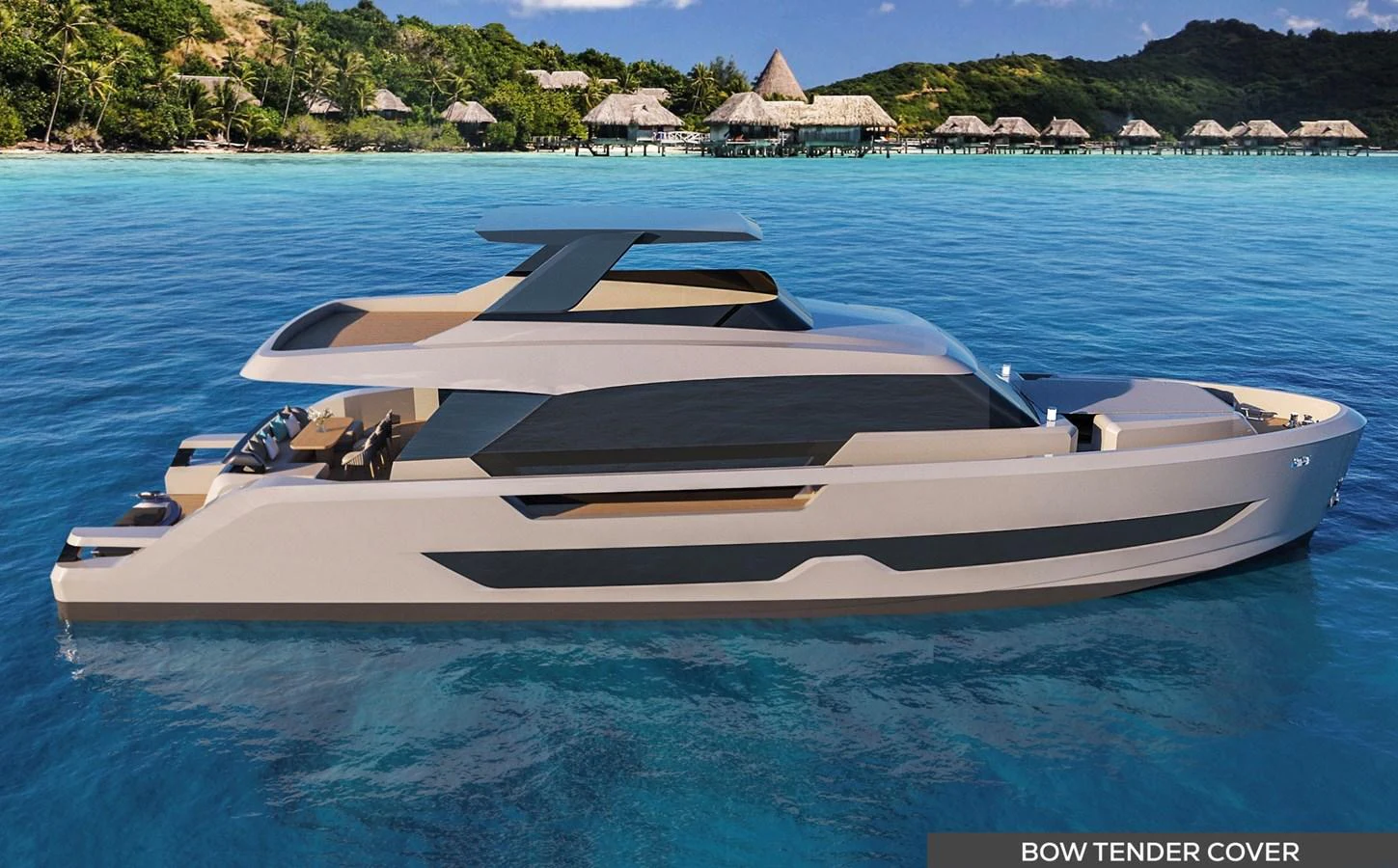 A sleek and modern yacht cruising in clear blue waters near a tropical island. aboard G 24 / 03 Yacht for Sale