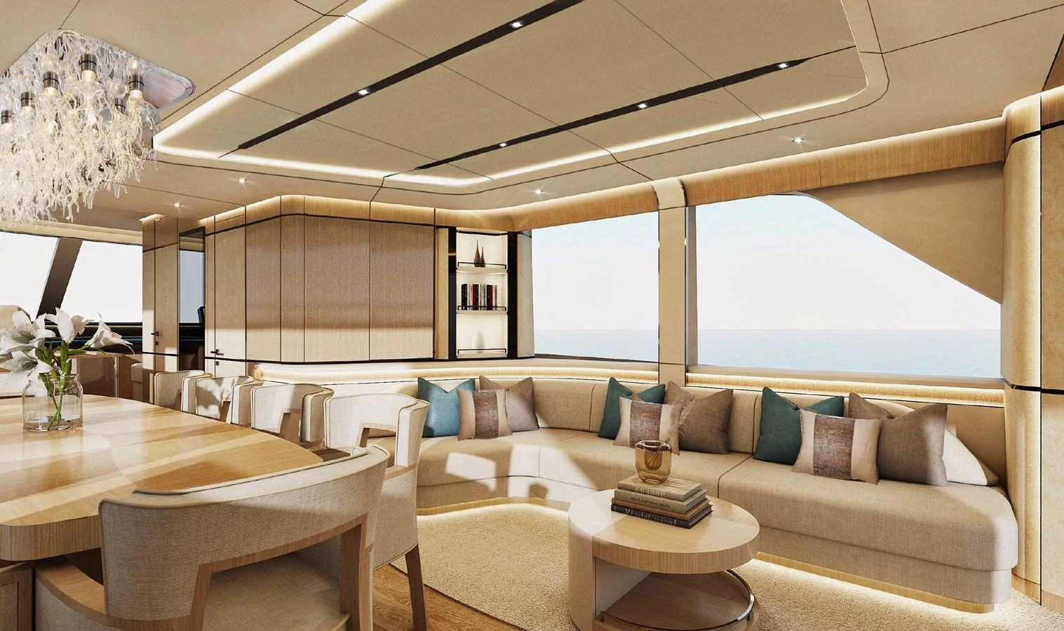 The salon features elegant seating with panoramic windows offering stunning ocean views. aboard G 24 / 03 Yacht for Sale