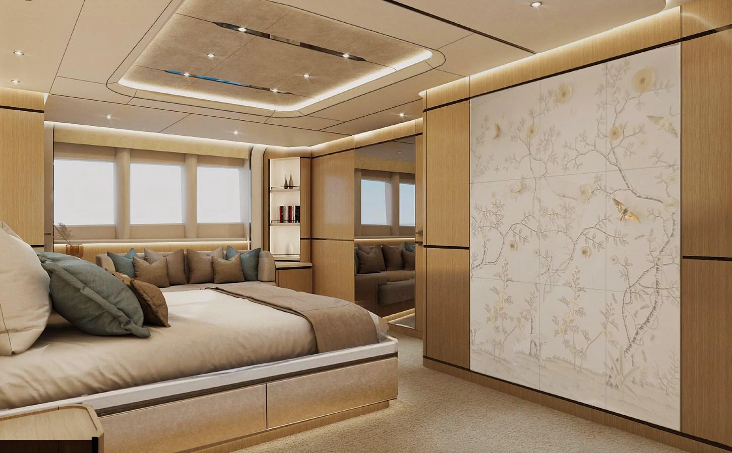 The master stateroom features luxurious bedding and elegant decor with ample natural light. aboard G 24 / 03 Yacht for Sale