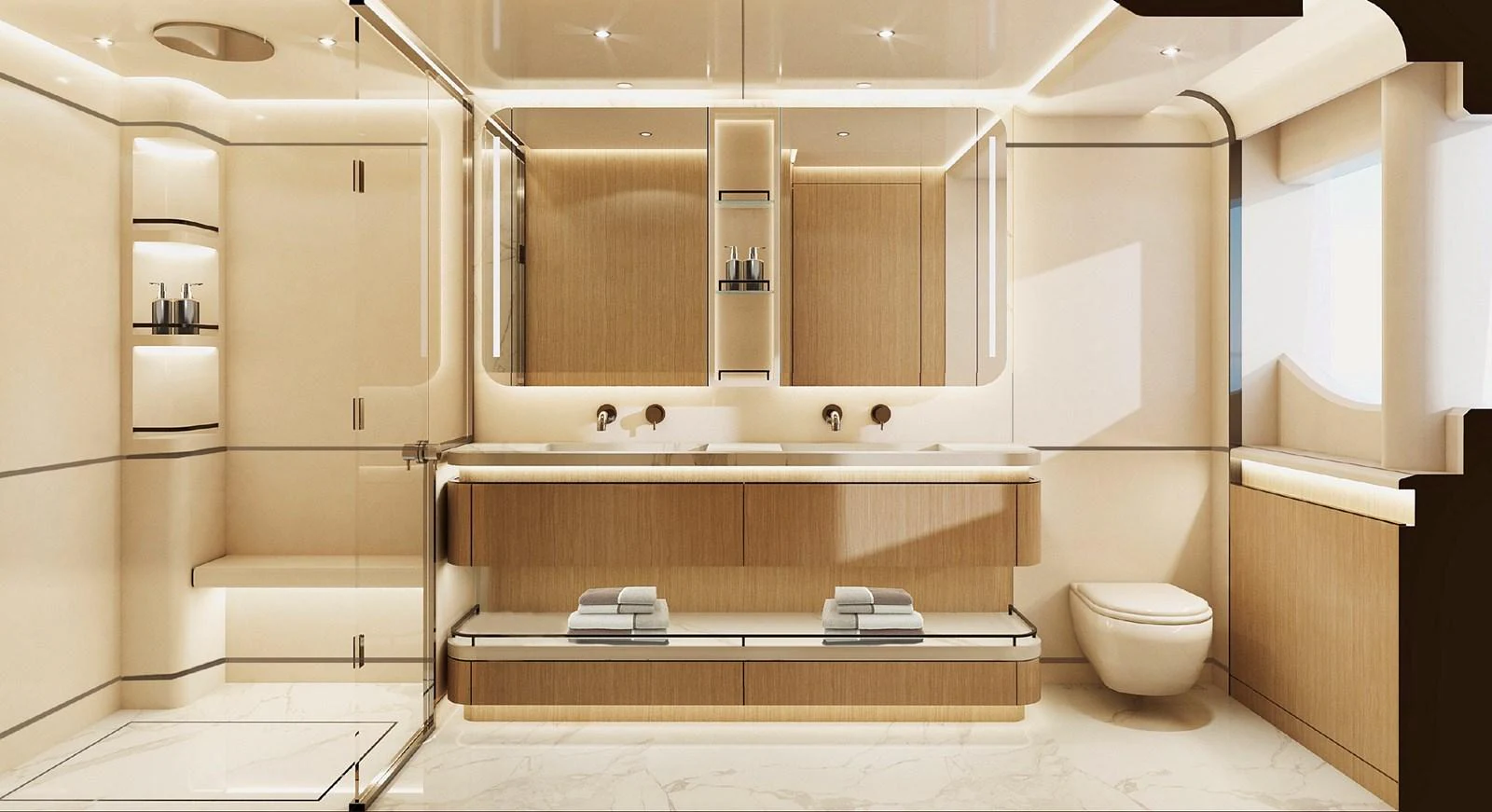 The yacht's bathroom features a luxurious and modern design with elegant fixtures and ample lighting. aboard G 24 / 03 Yacht for Sale