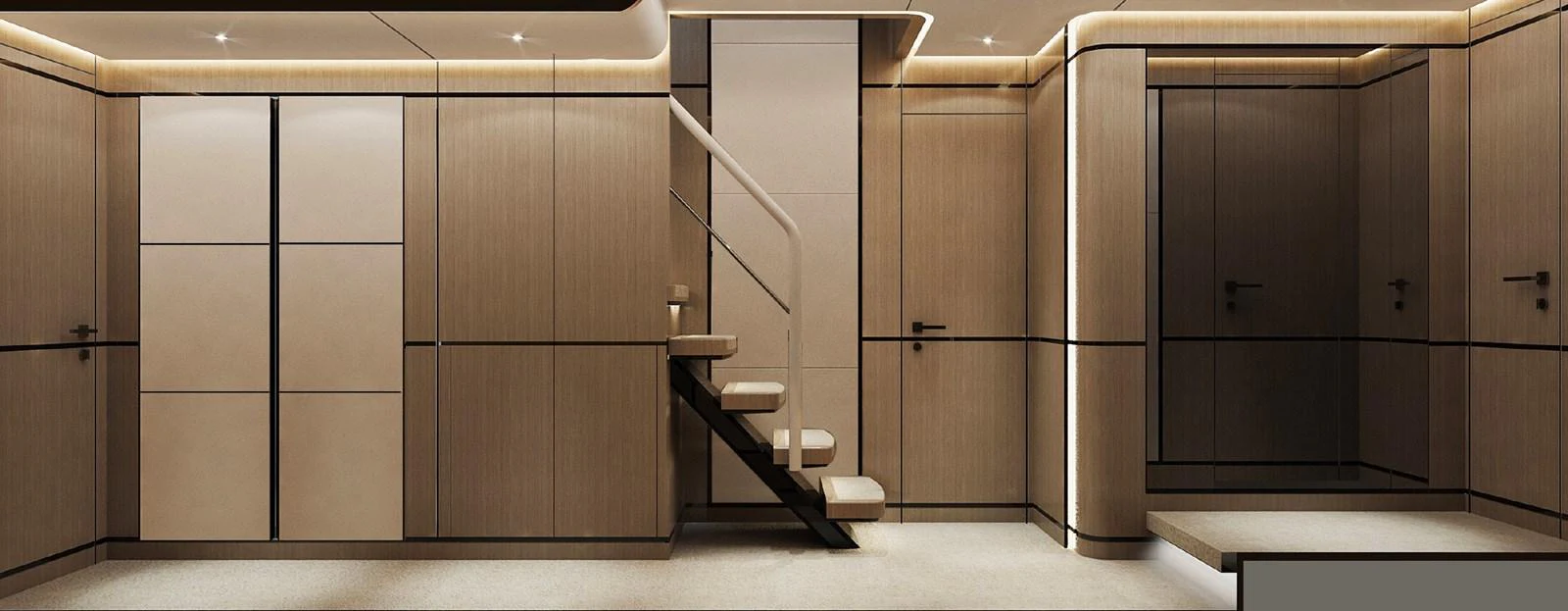 The yacht's interior features a modern, minimalist design with sleek wooden paneling and ambient lighting. aboard G 24 / 03 Yacht for Sale