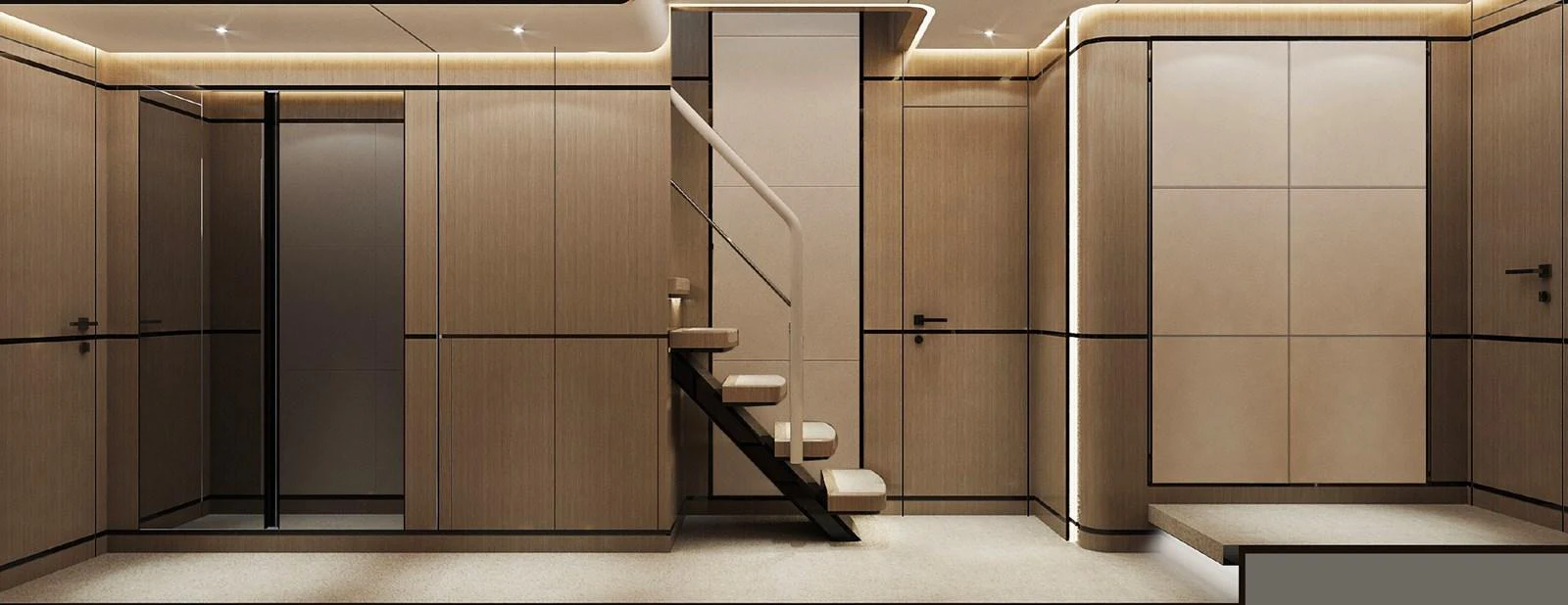 The yacht's interior features a sleek, modern staircase with elegant wood paneling and ambient lighting. aboard G 24 / 03 Yacht for Sale