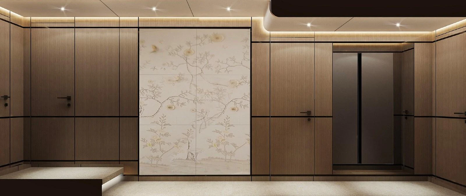 The yacht's interior features elegant wood paneling and a serene decorative wall art piece. aboard G 24 / 03 Yacht for Sale