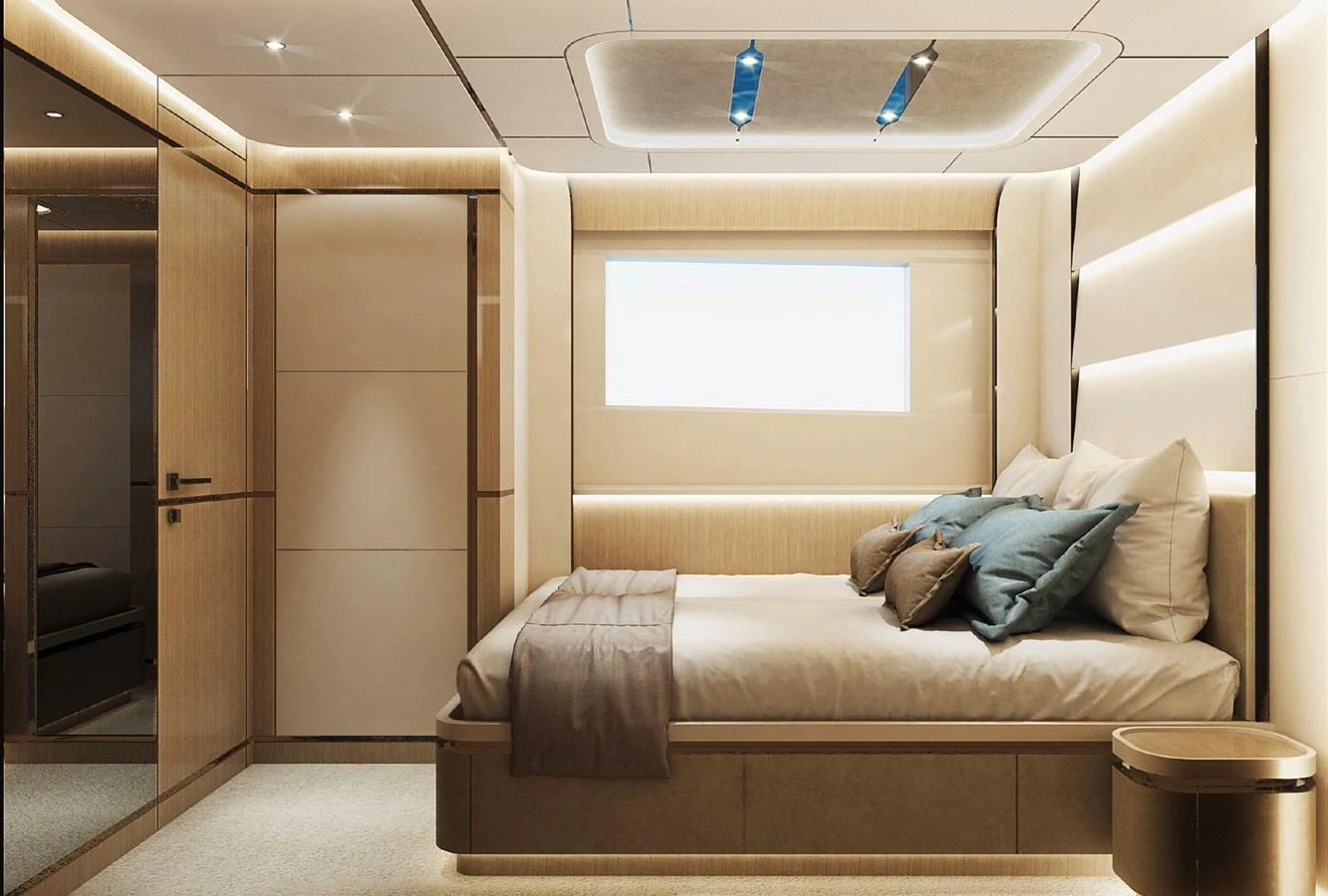 The stateroom features a luxurious bed with plush pillows and modern lighting. aboard G 24 / 03 Yacht for Sale