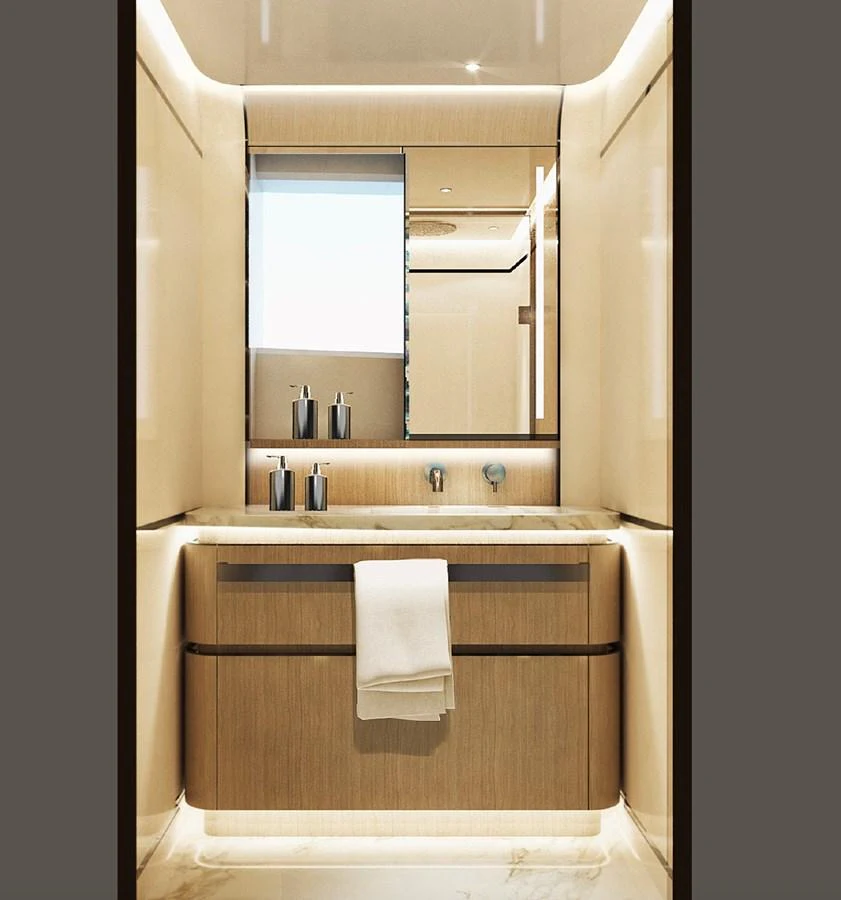A sleek and modern yacht bathroom with elegant fixtures and a clean design. aboard G 24 / 03 Yacht for Sale