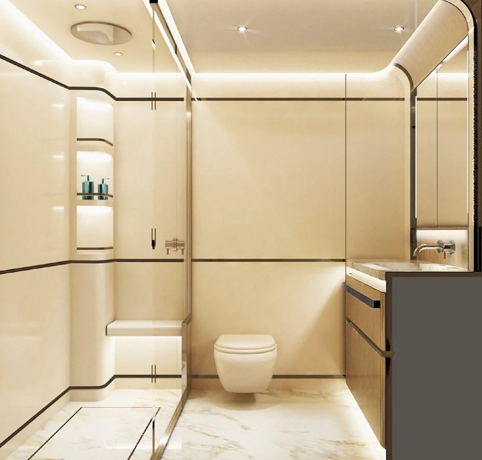 The yacht's bathroom features sleek, modern design with luxurious fixtures and ambient lighting. aboard G 24 / 03 Yacht for Sale