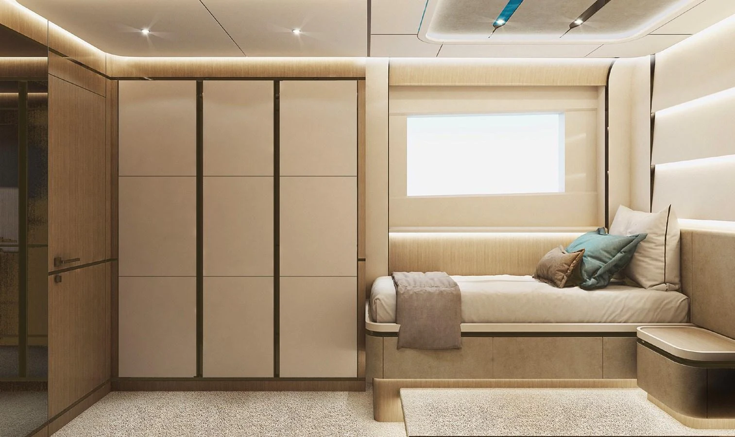 The stateroom features a sleek and modern design with ample storage and a comfortable sleeping area. aboard G 24 / 03 Yacht for Sale