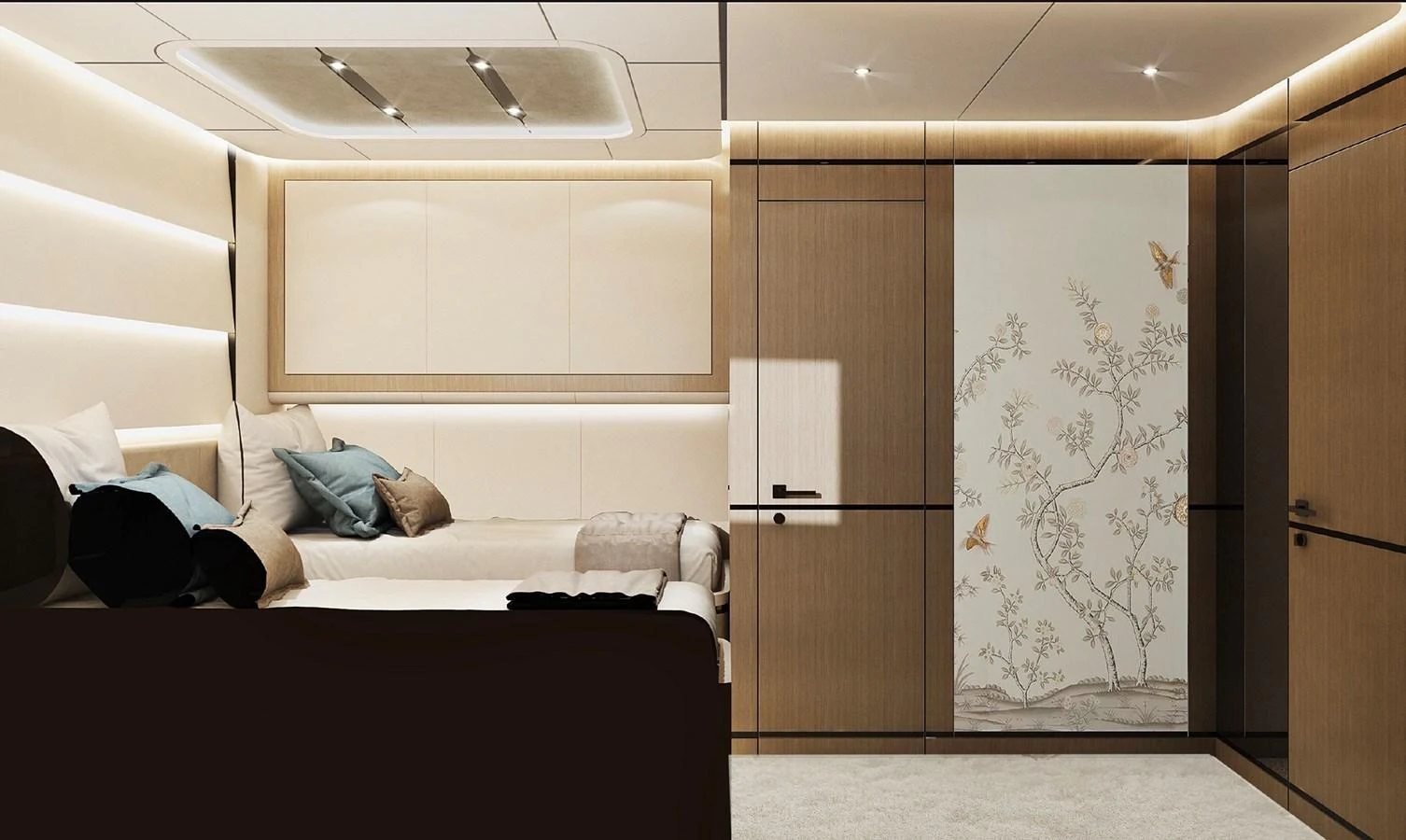 The stateroom features elegant wood paneling and luxurious bedding, creating a serene and sophisticated atmosphere. aboard G 24 / 03 Yacht for Sale
