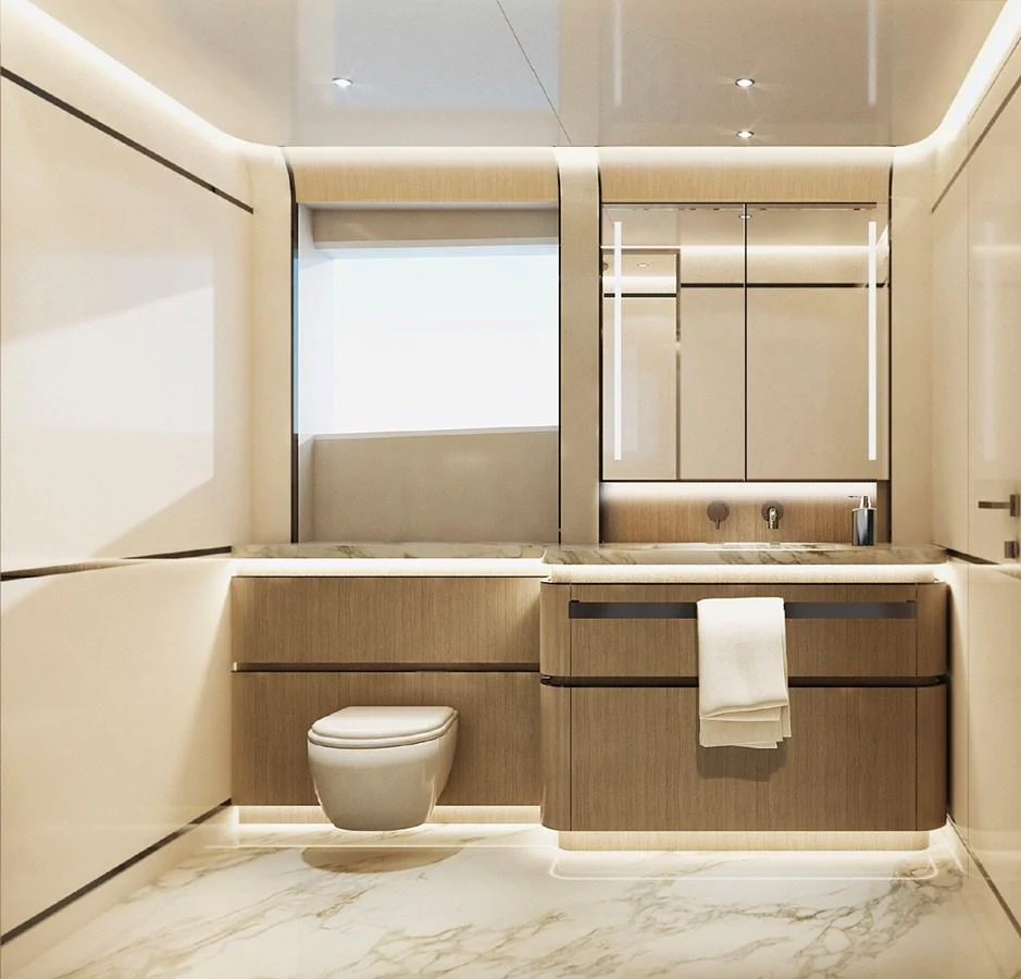 The yacht's bathroom features a sleek, modern design with luxurious finishes. aboard G 24 / 03 Yacht for Sale