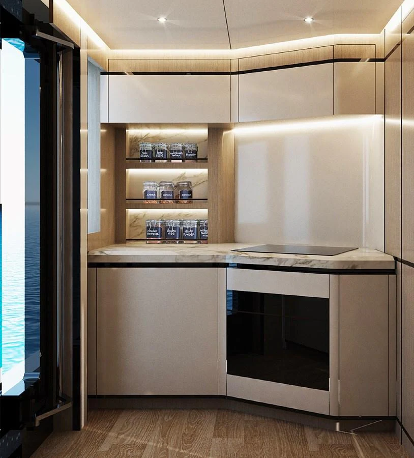 The yacht's galley features modern cabinetry, sleek countertops, and ample lighting. aboard G 24 / 03 Yacht for Sale
