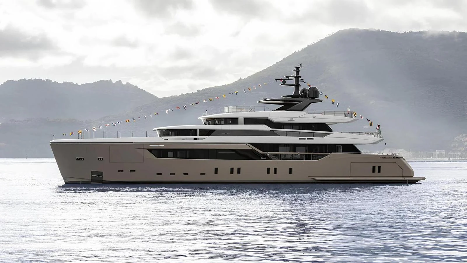 A sleek and modern yacht glides gracefully on calm waters with a mountainous backdrop. aboard PHOENICIAN Yacht for Sale