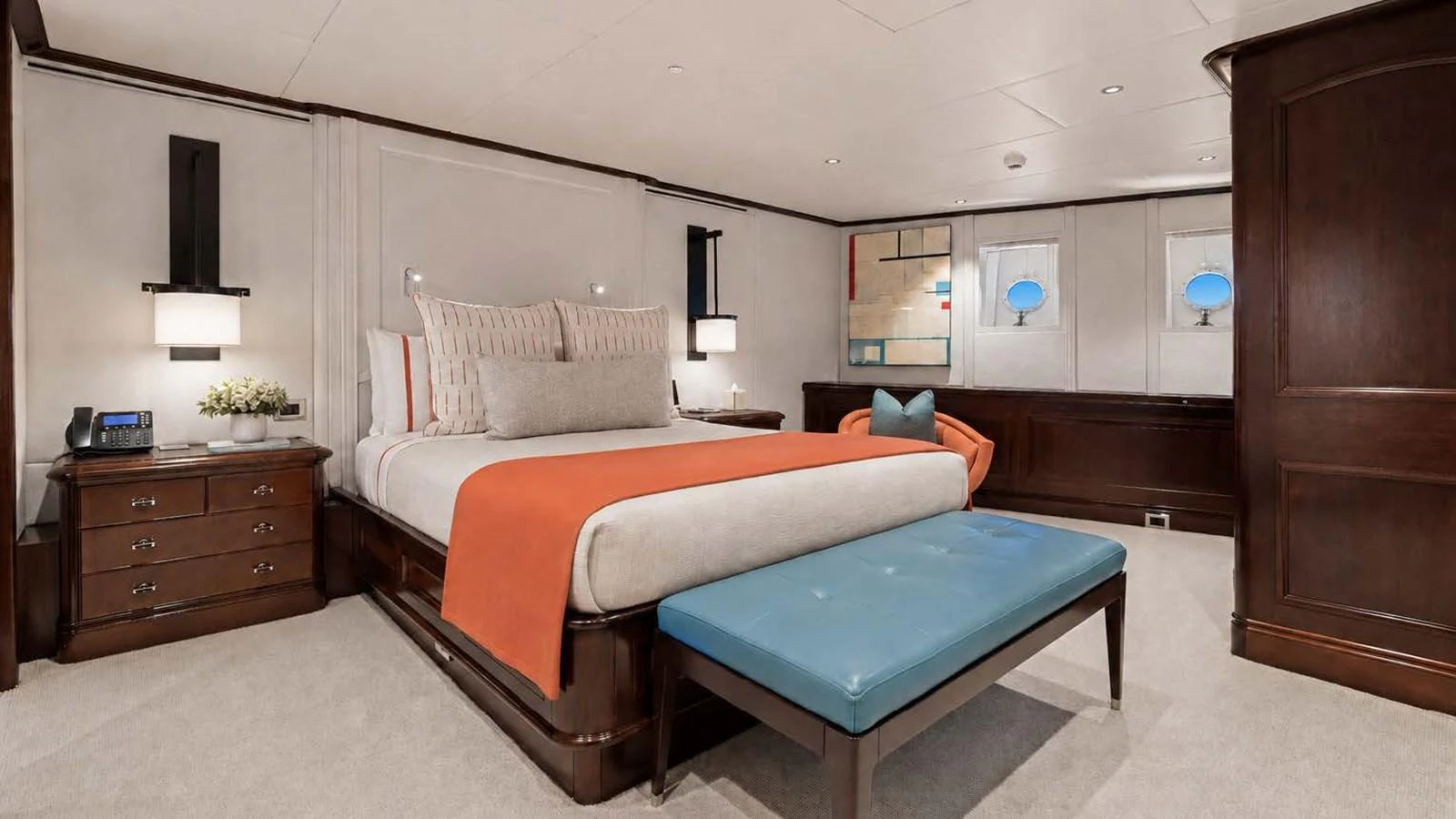 The master stateroom features a luxurious bed with elegant furnishings and modern decor. aboard JUST B Yacht for Sale