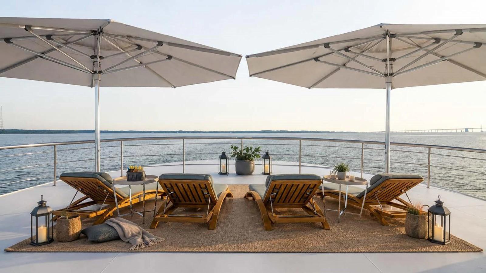 The sundeck features luxurious lounge chairs under large umbrellas, offering a perfect spot to relax and enjoy the sea view. aboard JUST B Yacht for Sale