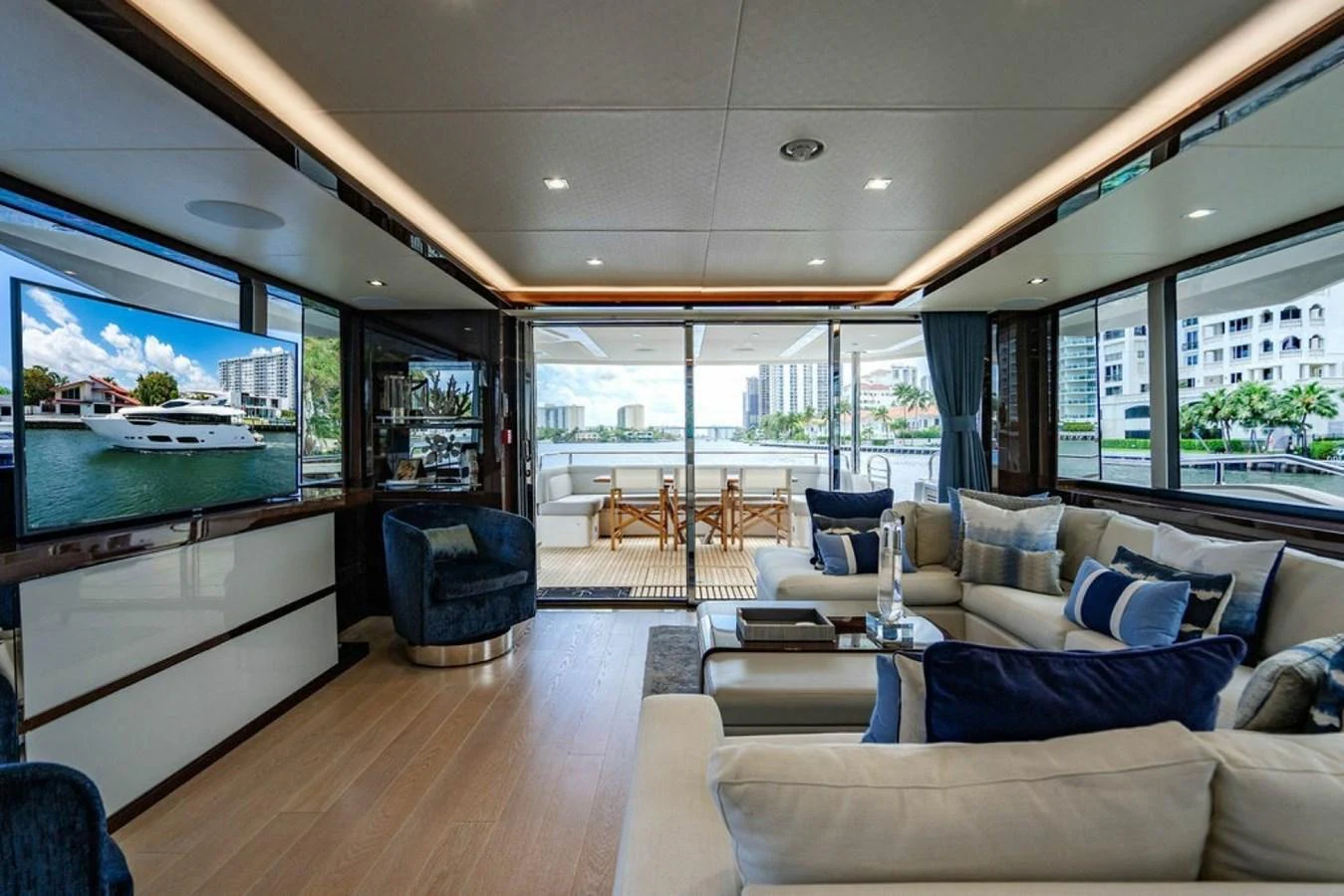 The salon offers a spacious and luxurious seating area with panoramic views and elegant decor. aboard STAR OF THE SEA Yacht for Sale