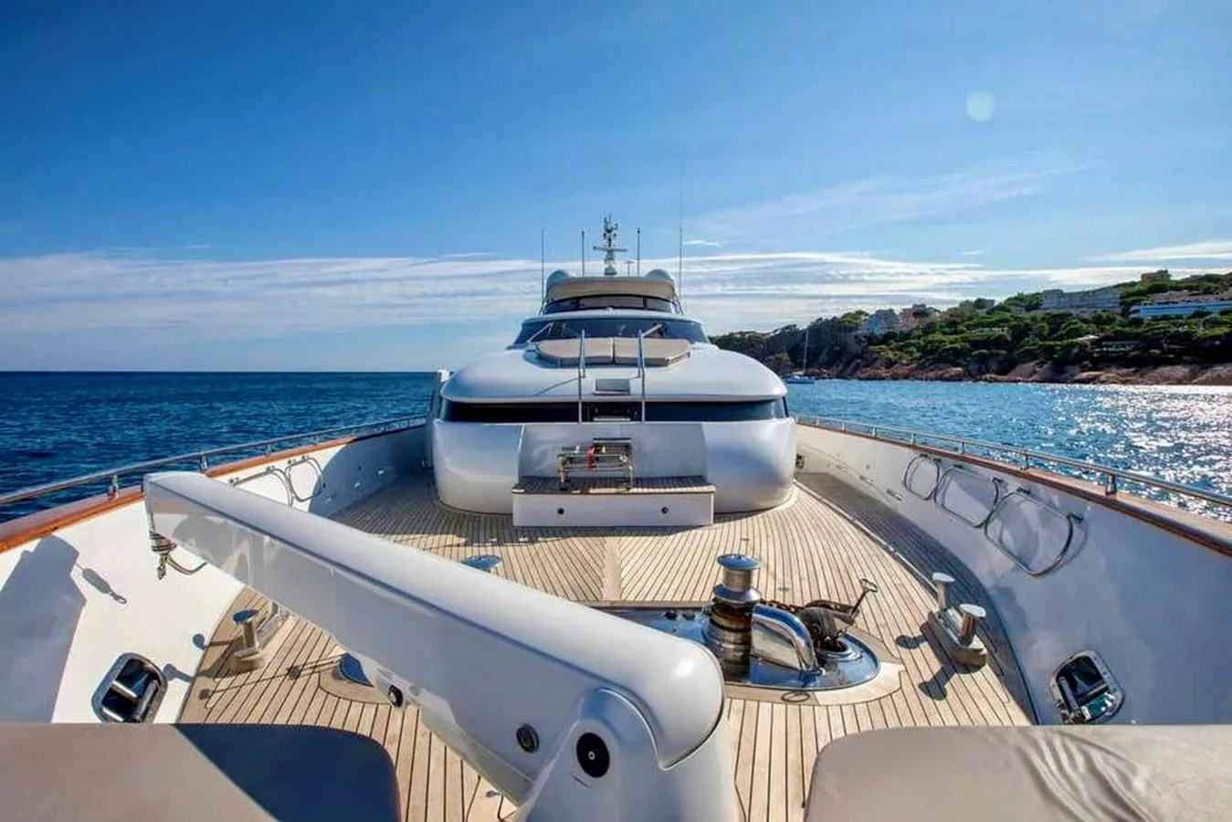 The yacht's bow offers a spacious and elegant area for relaxation with stunning ocean views. aboard BALANDRAU Yacht for Sale
