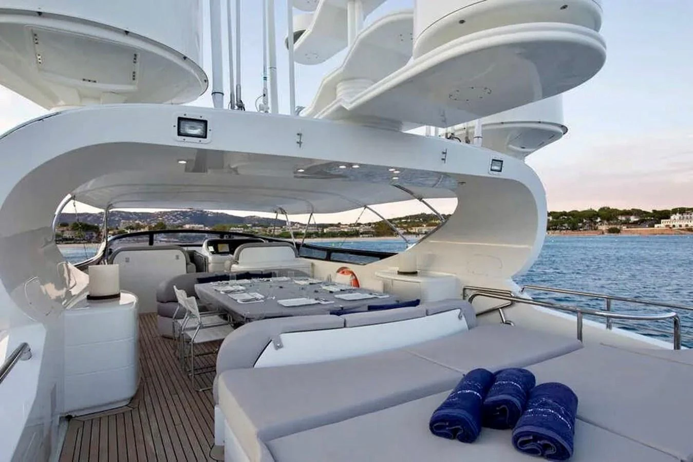 The flybridge offers a spacious area with comfortable seating and dining options, perfect for relaxation and enjoying the views. aboard BALANDRAU Yacht for Sale