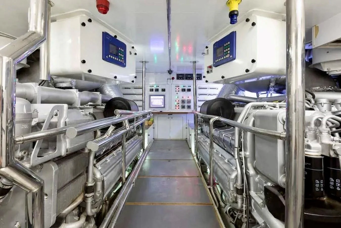 The yacht's engine room showcases advanced machinery and control systems. aboard BALANDRAU Yacht for Sale
