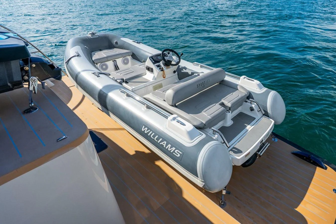 A sleek tender is ready for use on the yacht's deck. aboard LADY SADIE Yacht for Sale