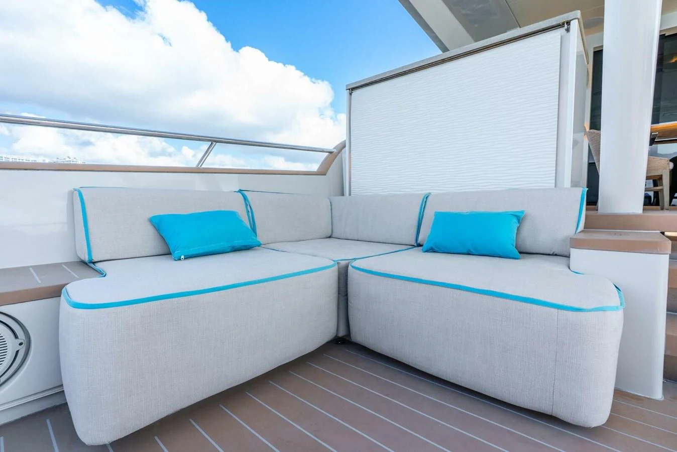Comfortable outdoor seating area with plush cushions and vibrant accents. aboard LADY SADIE Yacht for Sale