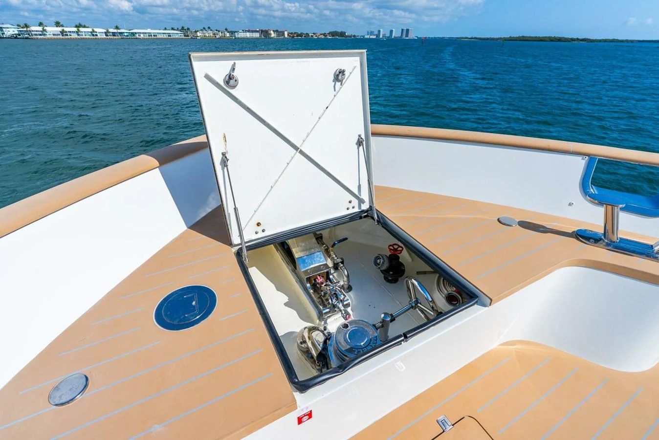 The image showcases a detailed view of the yacht's anchor locker on the bow. aboard LADY SADIE Yacht for Sale