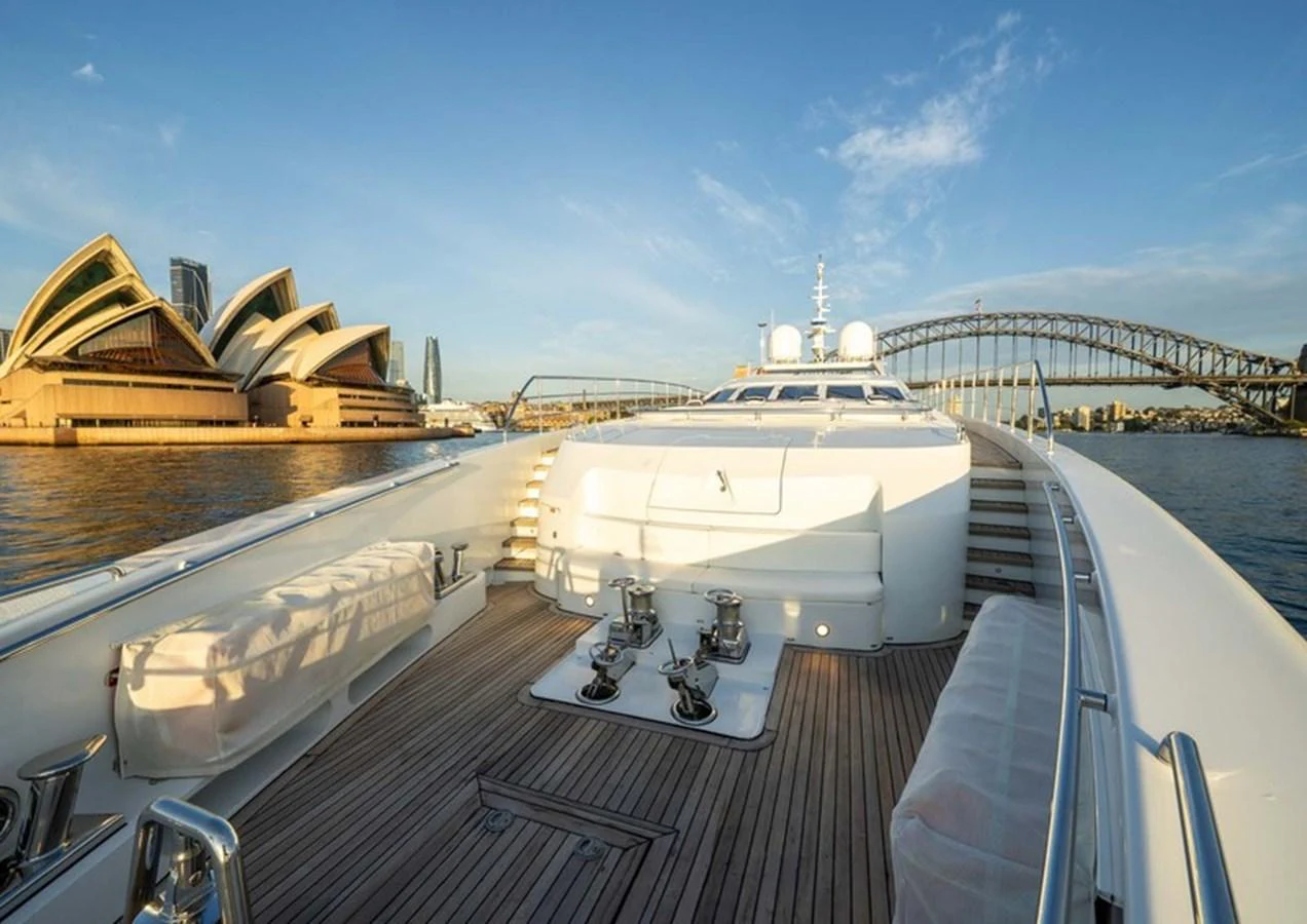 The yacht's foredeck offers a spacious and elegant area with stunning views of iconic landmarks. aboard LUMIR Yacht for Sale